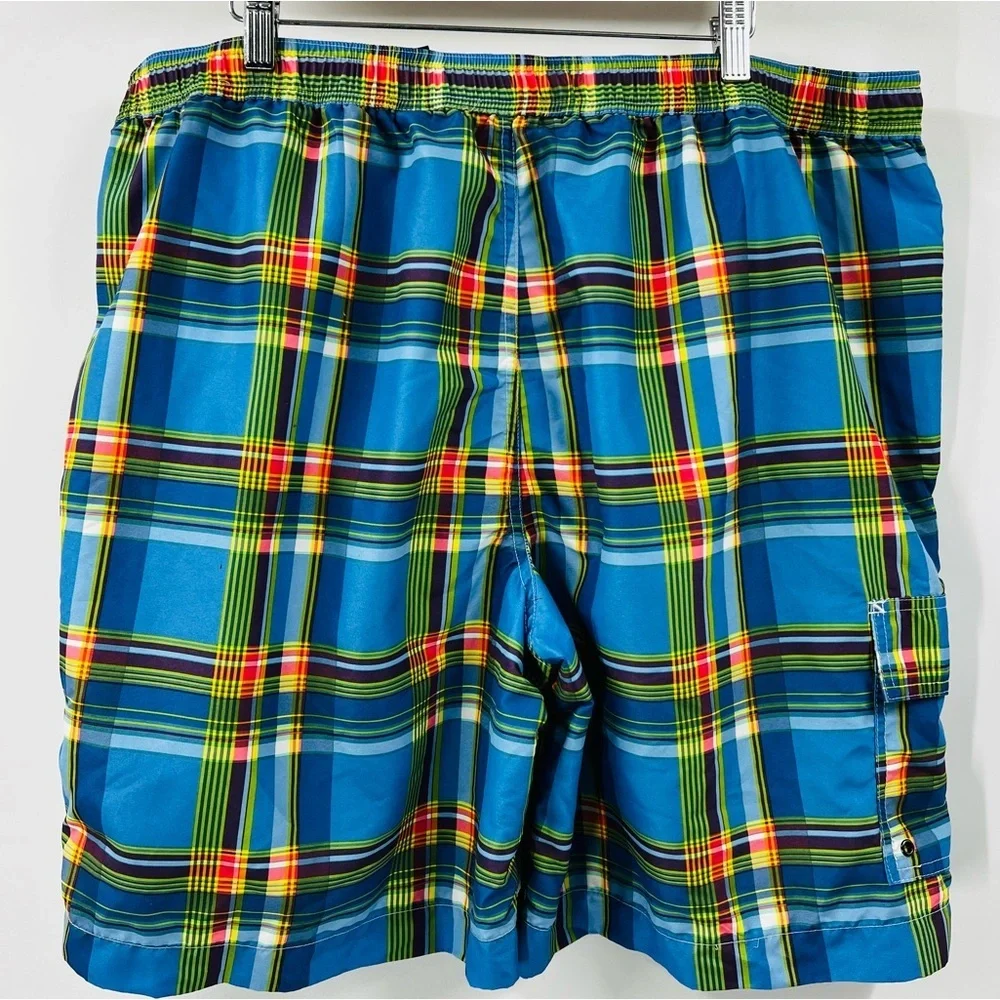 Chaps Mens XL Swim Trunks Plaid Blue Green‎ Cargo Pocket Mesh Lined Board Shorts